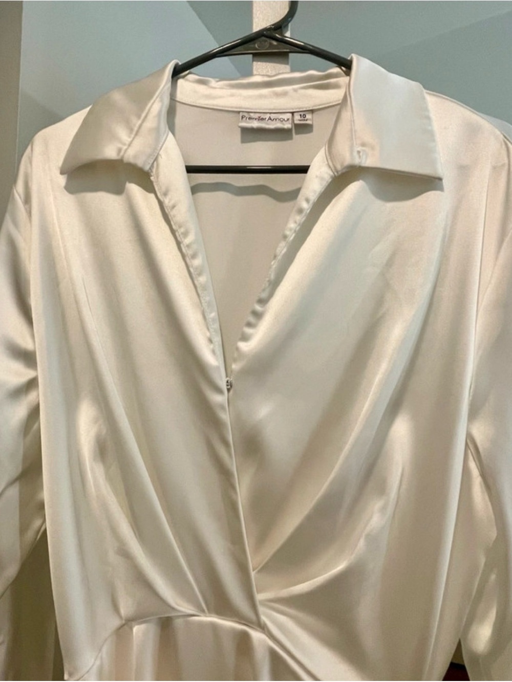 Premier Amour White Satin Long Sleeve Wrap Shirt Dress w/ Fringe